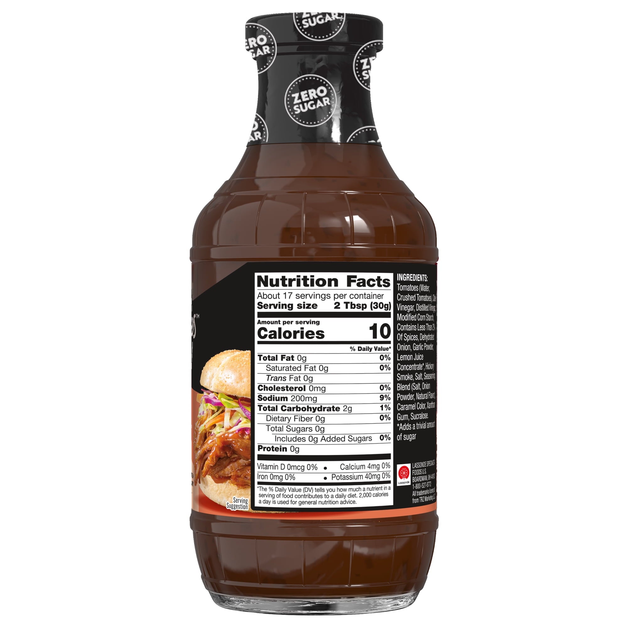 A clear bottle of zero-sugar barbecue sauce displays the nutrition facts and ingredients on its label, highlighting a serving size of 2 tablespoons and approximately 17 servings per container.