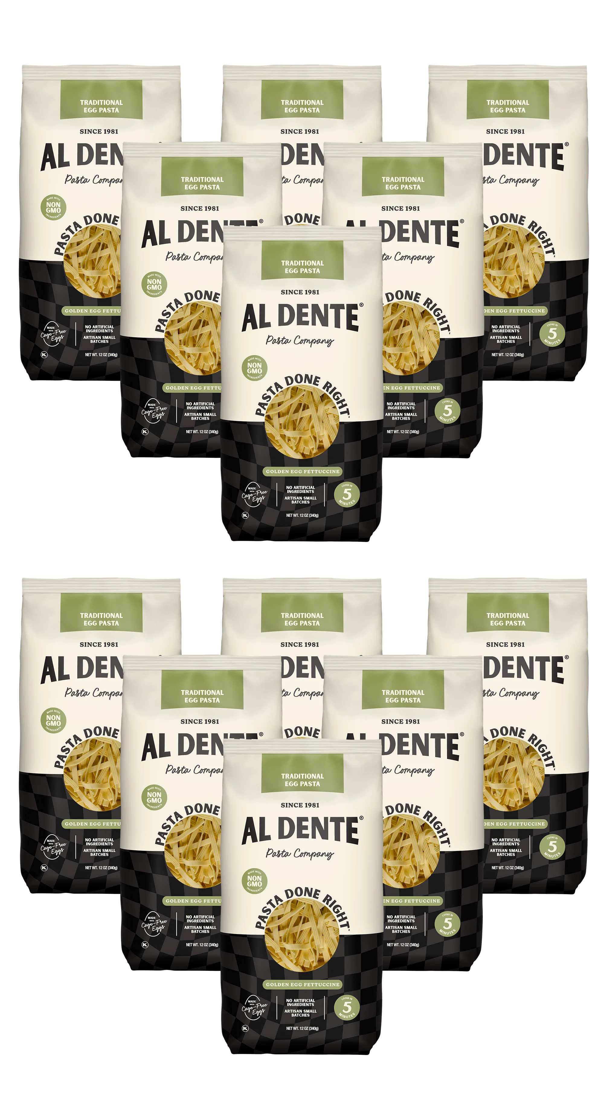 A collection of twelve packages of Al Dente pasta, featuring traditional egg fettuccine and golden egg fettuccine, prominently displaying the brand name and product details on a white and black checkered background.