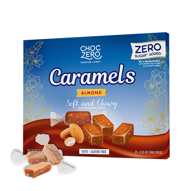 A box of ChocZero Almond Caramels, featuring soft and chewy candies with roasted almond pieces, is displayed alongside several individual caramels on a white background.