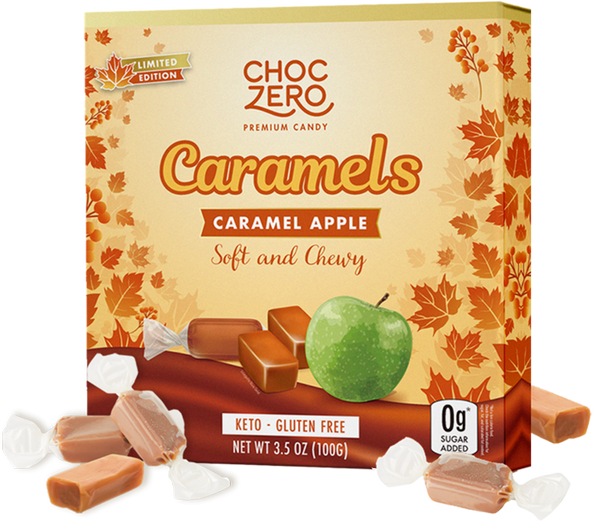A box of ChocZero Caramel Apple candies features a green apple and caramel pieces on a warm, autumn-themed background, highlighting the product's limited edition, keto, and gluten-free attributes.