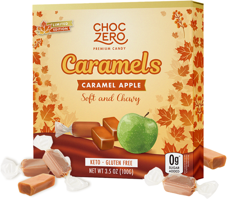 A box of ChocZero Caramel Apple candies features a green apple and caramel pieces on a warm, autumn-themed background, highlighting the product's limited edition, keto, and gluten-free attributes.