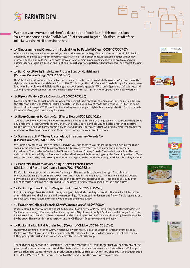 A colorful flyer lists various health-focused food products included in a subscription box, featuring items like protein bars, snacks, and entrees, along with descriptions and a discount offer for online purchases.