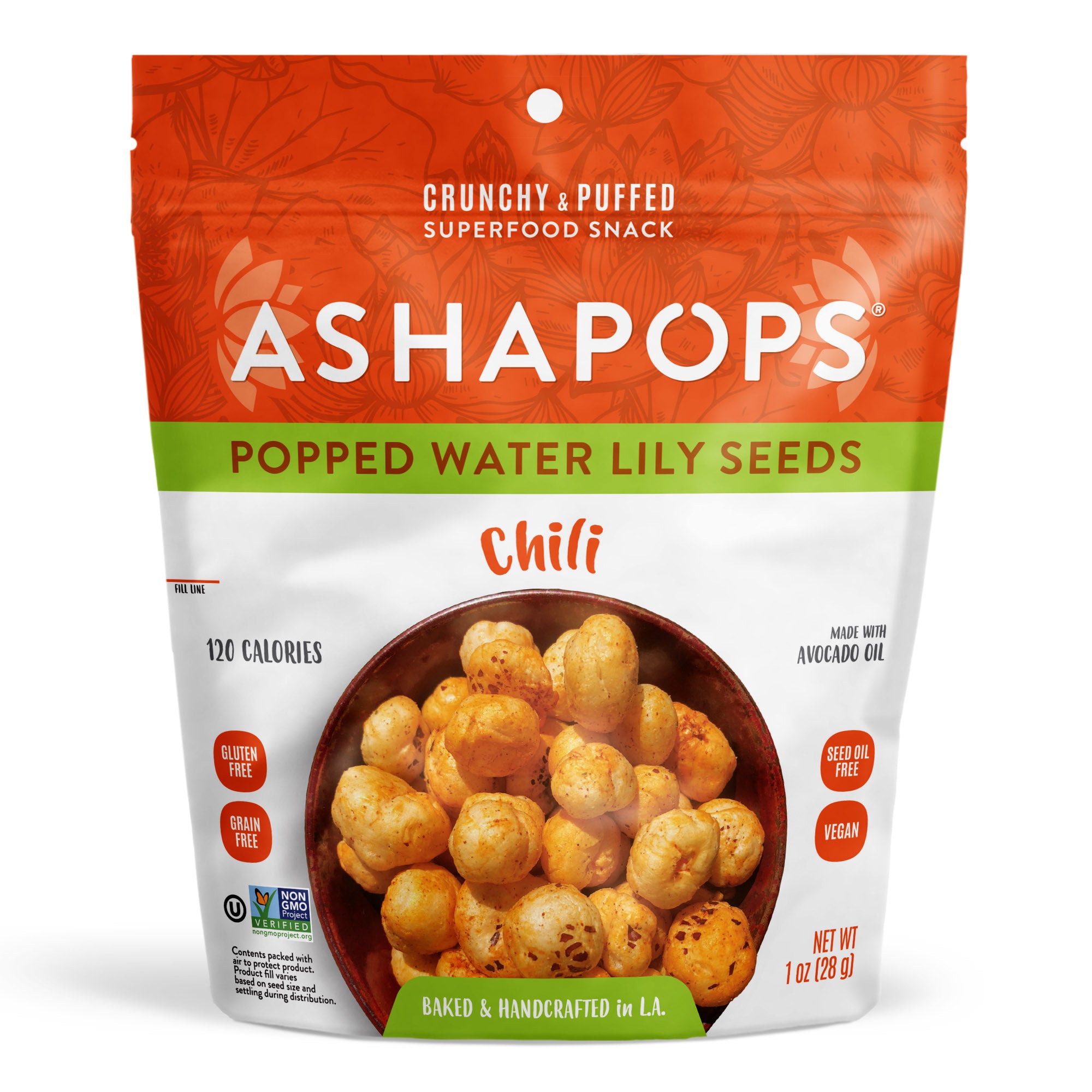 A colorful bag of Ashapops popped water lily seeds in chili flavor, featuring a bowl of the crunchy snack, highlighting its vegan, gluten-free, and handcrafted qualities.