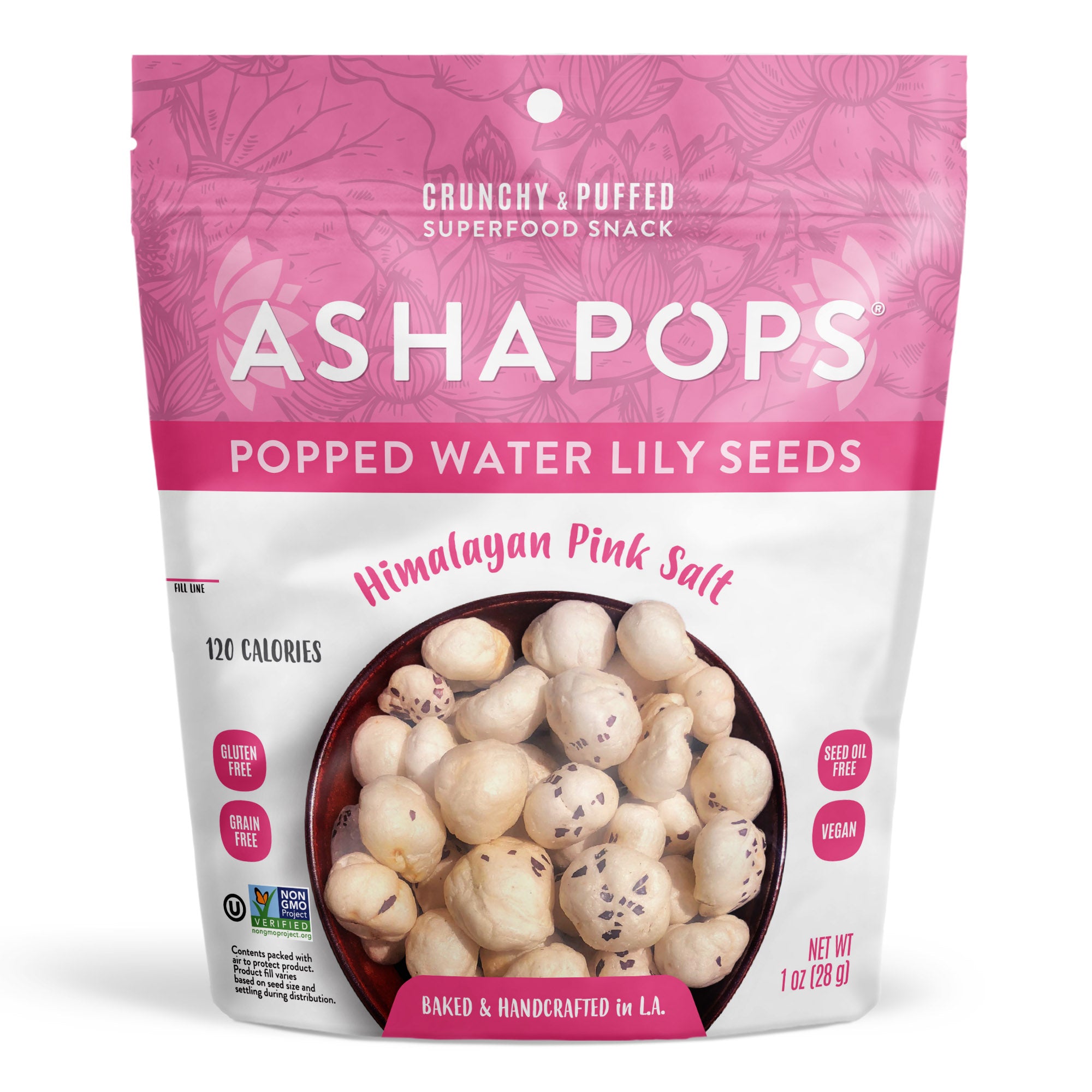 A bag of Asha Pops Popped Water Lily Seeds features a light pink design, highlighting the product name and flavor, Himalayan Pink Salt, with visible seeds inside and nutrition information on the front.
