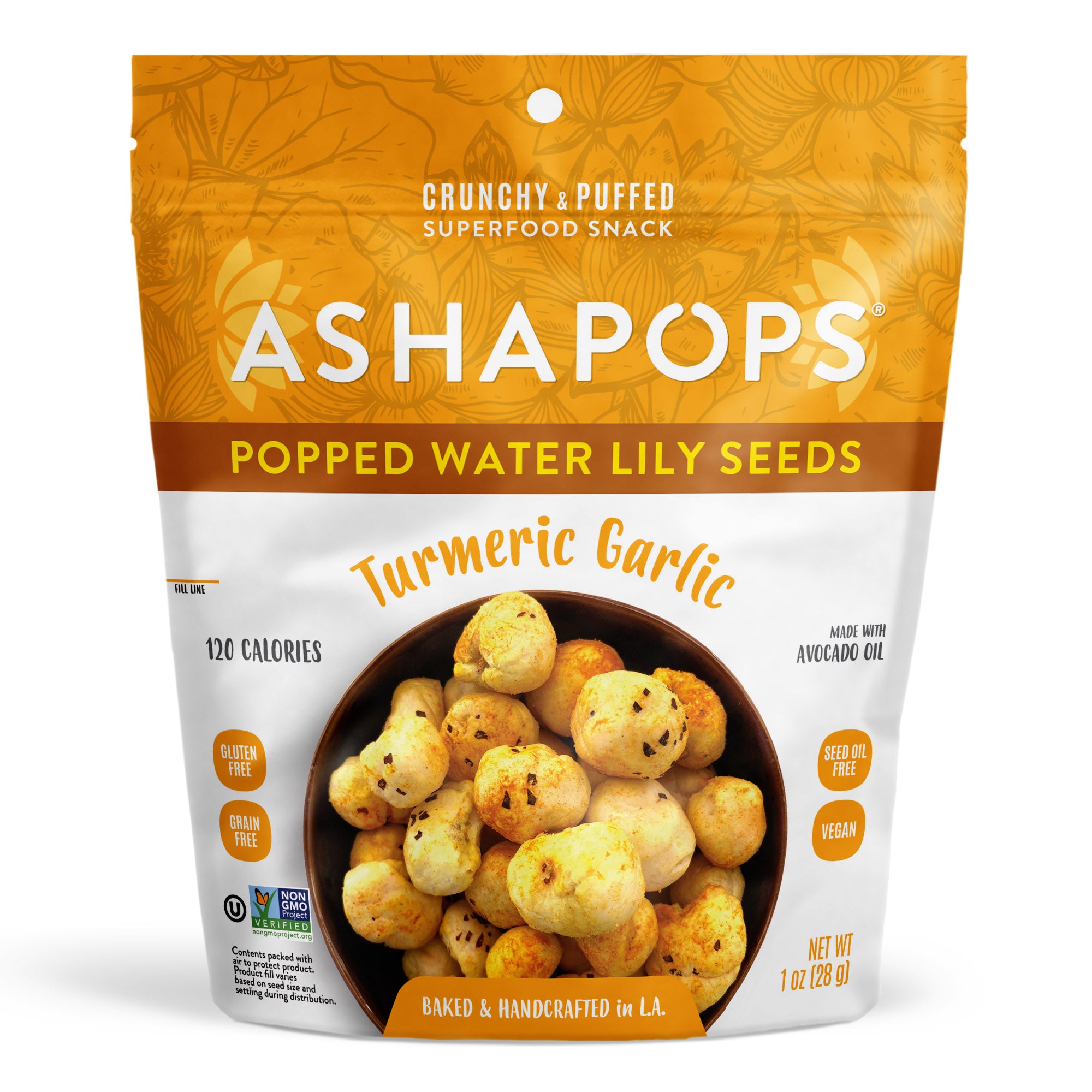A bag of Asha Pops Popped Water Lily Seeds in Turmeric Garlic flavor, featuring a bowl of crunchy snacks, highlighted by labels indicating it's gluten-free, vegan, and made with avocado oil.