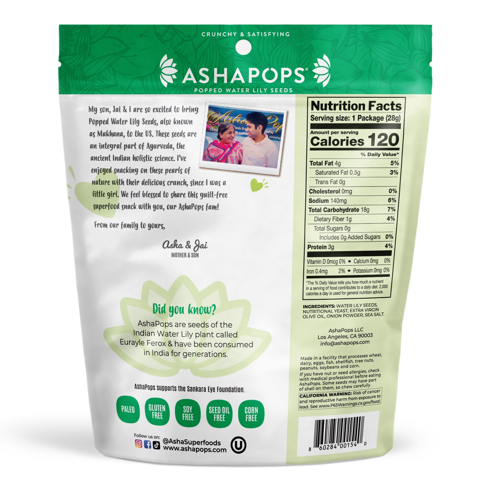 A green snack bag labeled "ASHAPOPS" features a photo of a mother and son, with text highlighting the health benefits of popped water lily seeds and nutritional information on the back.