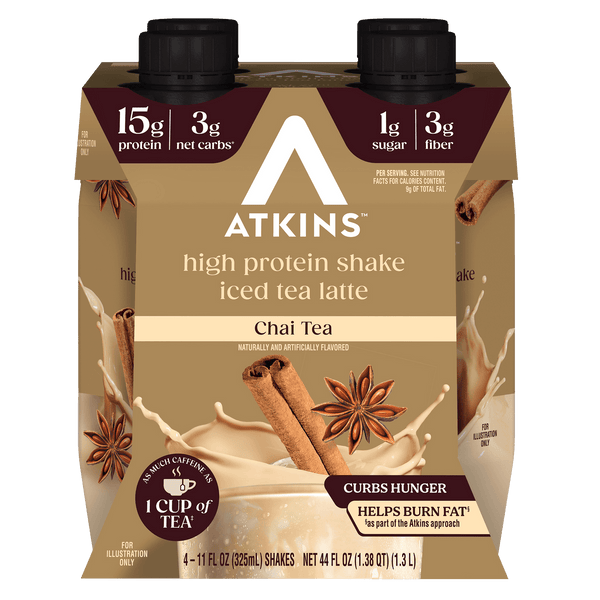A four-pack of Atkins high protein iced tea latte shakes in chai tea flavor, featuring nutritional information and images of cinnamon sticks and star anise on the packaging.
