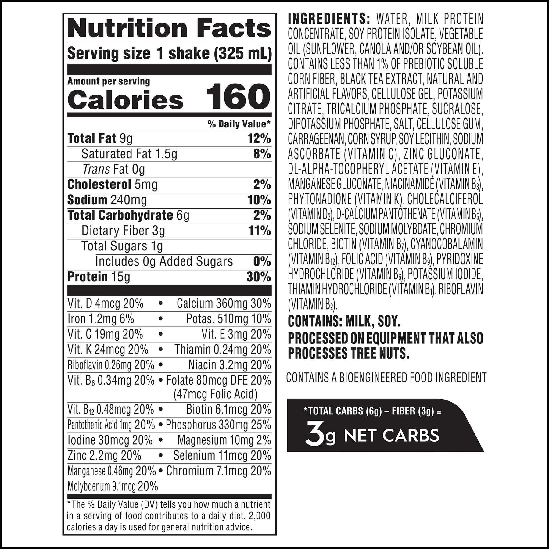 A nutrition facts label displays details about a protein shake, including serving size, calories, ingredients, and nutrient values like protein, fat, and vitamins.