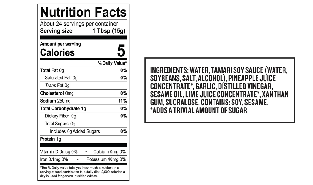 A nutrition facts label displays serving size, calories, and ingredient list, including water, tamari soy sauce, pineapple juice concentrate, garlic, and sesame oil, with allergen information for soy and sesame.