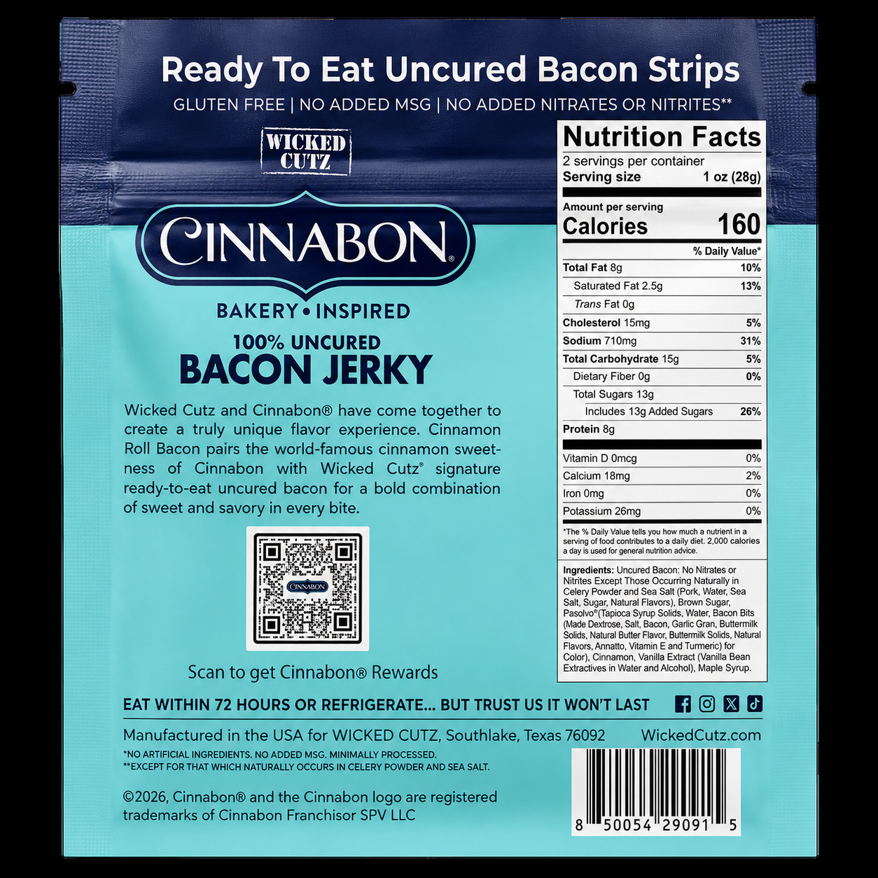 A blue packaging for "100% Uncured Bacon Jerky" features the Cinnabon logo, highlights its gluten-free and no added MSG qualities, and includes nutrition facts and a QR code for rewards.