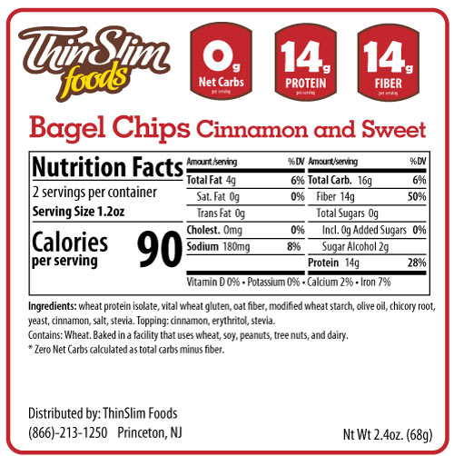 Nutrition label for ThinSlim Foods Cinnamon and Sweet Bagel Chips, detailing serving size, calories, and nutritional information, including protein, fiber, and ingredients.