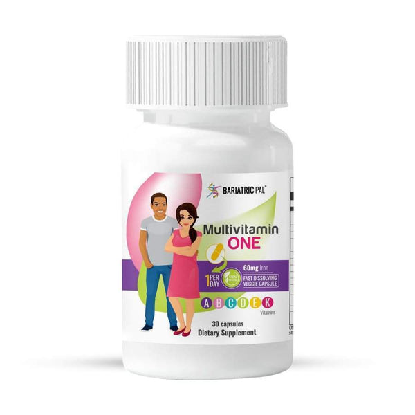 A white bottle of Bariatric Pal Multivitamin One, featuring illustrations of a man and woman, displays the product name, dosage information, and dietary supplement details.