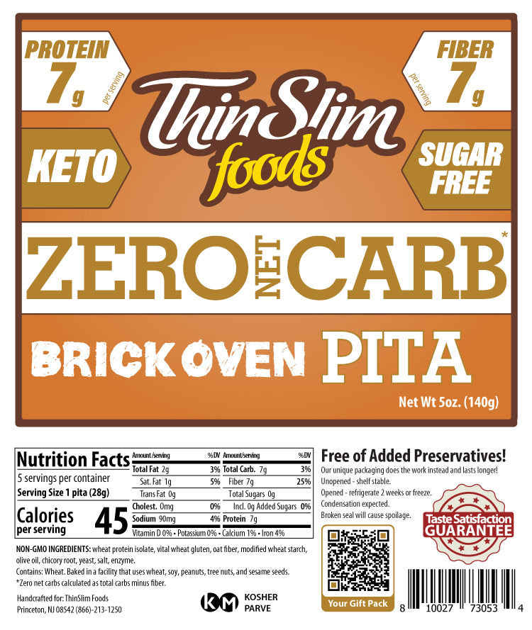 A product label for Thin Slim Foods features "Zero Net Carb Brick Oven Pita," highlighting nutritional information such as 7g protein, 7g fiber, and keto-friendly attributes, with a guarantee of taste satisfaction.