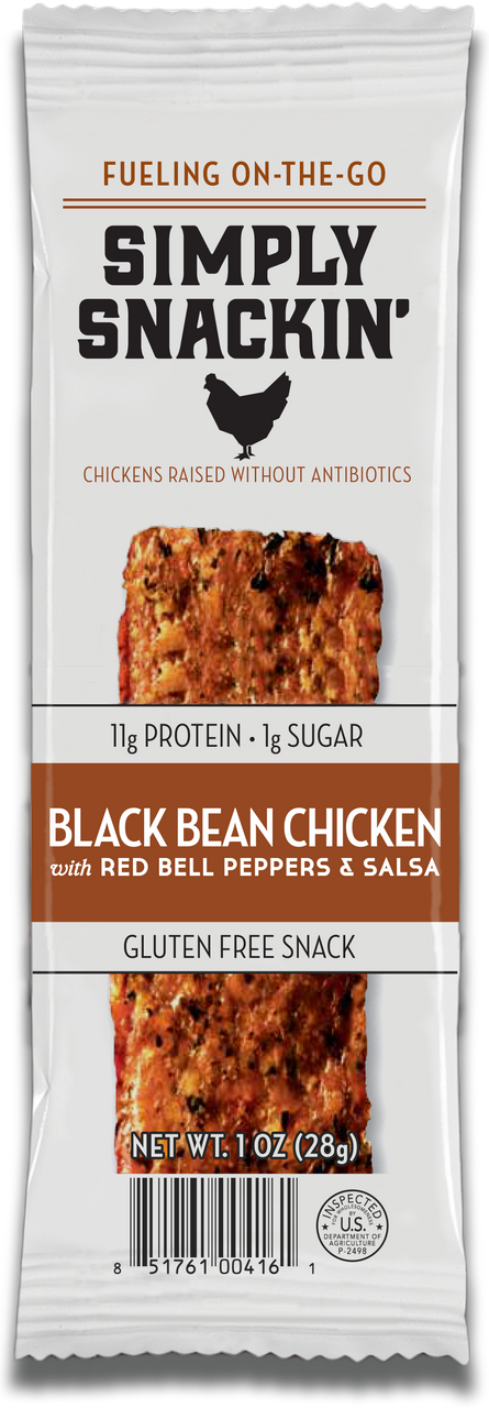 A snack package for Simply Snackin' featuring black bean chicken with red bell peppers and salsa, highlighting 11 grams of protein, gluten-free, and labeled as "fueling on-the-go."