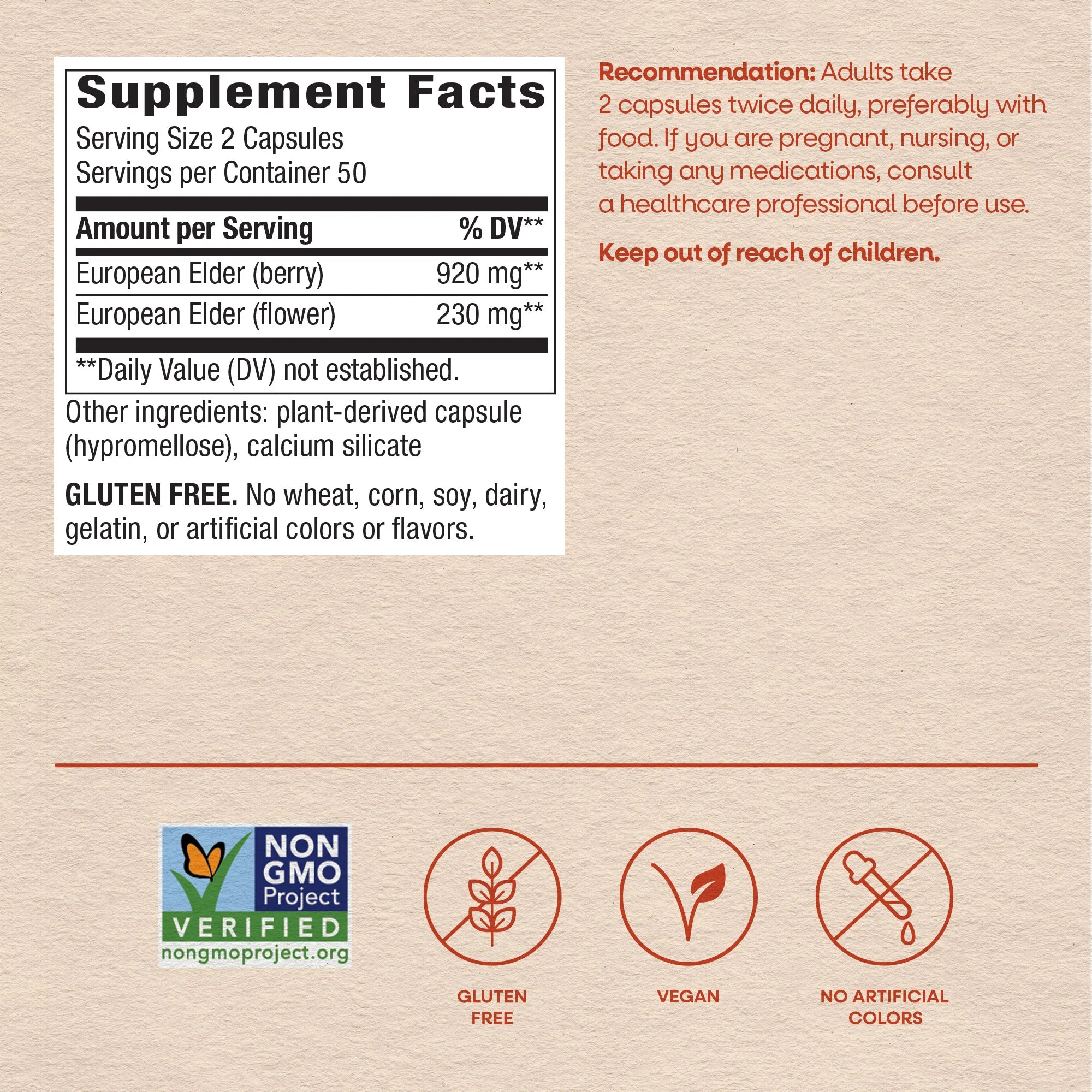 Supplement facts label for a dietary supplement, detailing serving size, ingredients like European Elder, and dietary claims such as gluten-free, vegan, and no artificial colors.