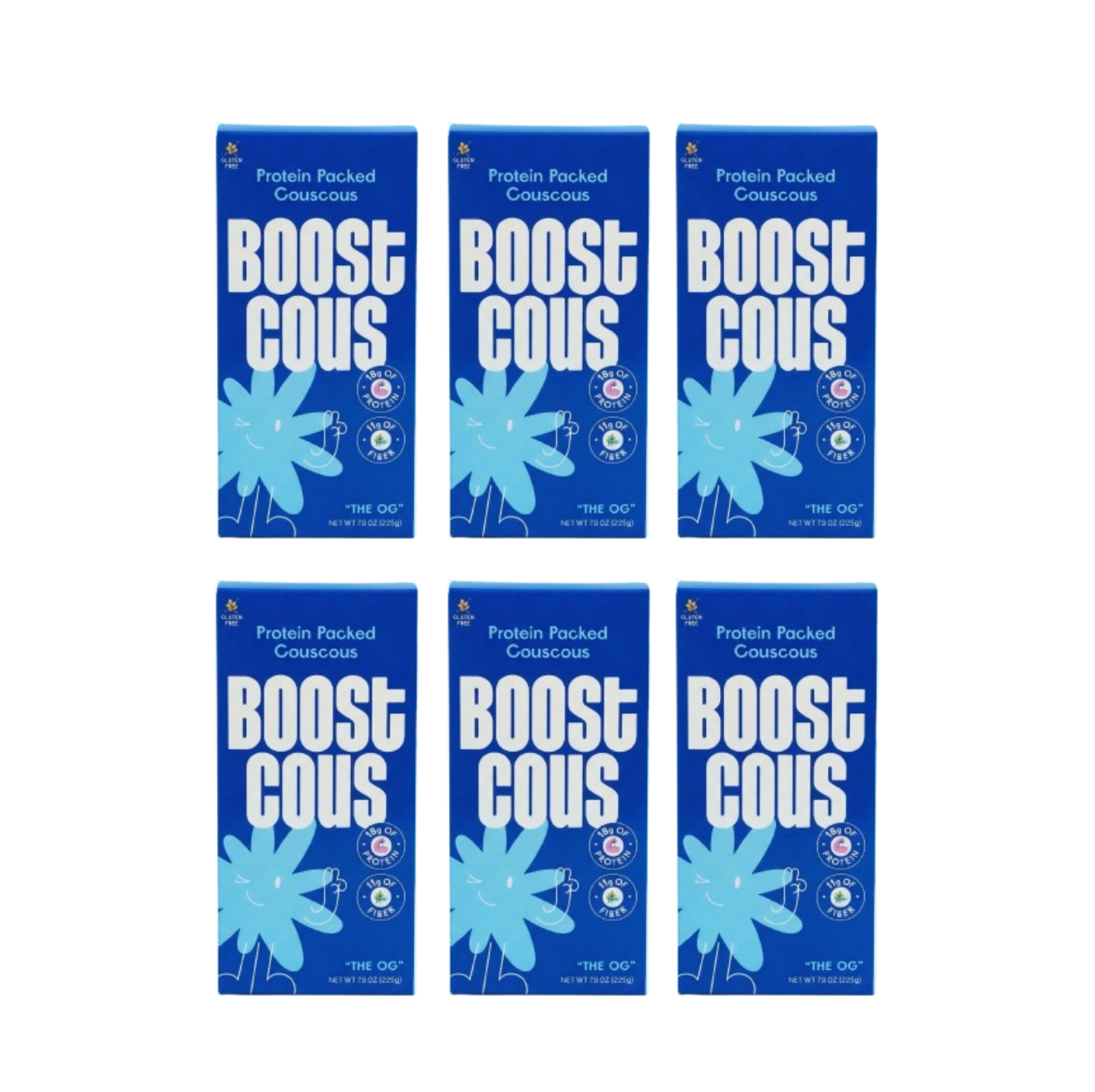 Six boxes of "Boost Cous," a protein-packed couscous product, are arranged in two rows, featuring a vibrant blue design with white text and floral graphics.
