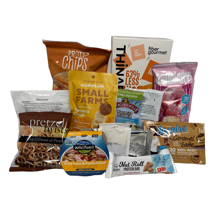 A variety of packaged snacks and protein products, including chips, bars, and drink mixes, are arranged against a black background, highlighting their nutritional benefits and flavors.
