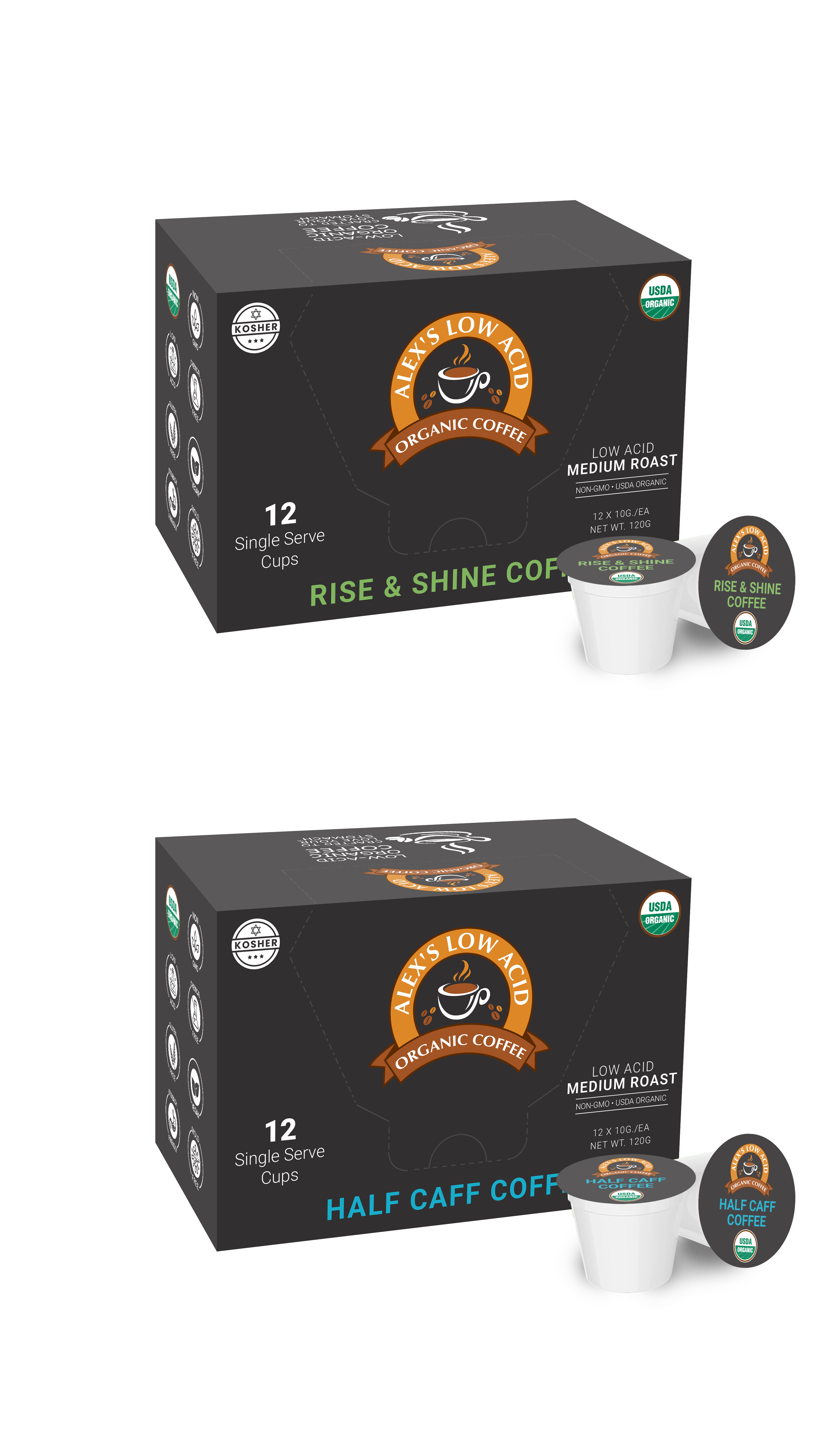 Two boxes of Alex's Low Acid Organic Coffee are displayed, one labeled "Rise & Shine Coffee" and the other "Half Caff Coffee," each containing 12 single-serve cups.