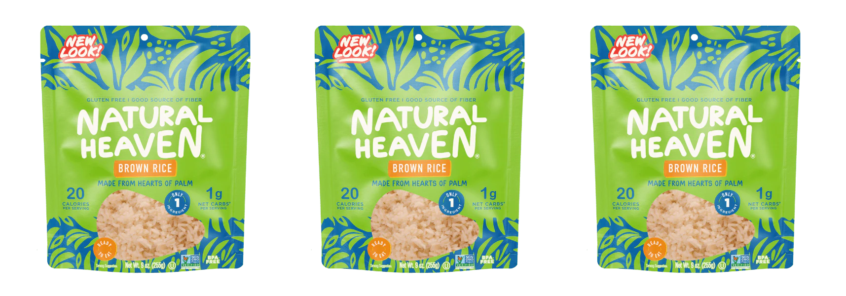 Three identical packages of Natural Heaven Brown Rice are displayed, featuring a vibrant green design with tropical leaves, highlighting gluten-free and low-calorie benefits.