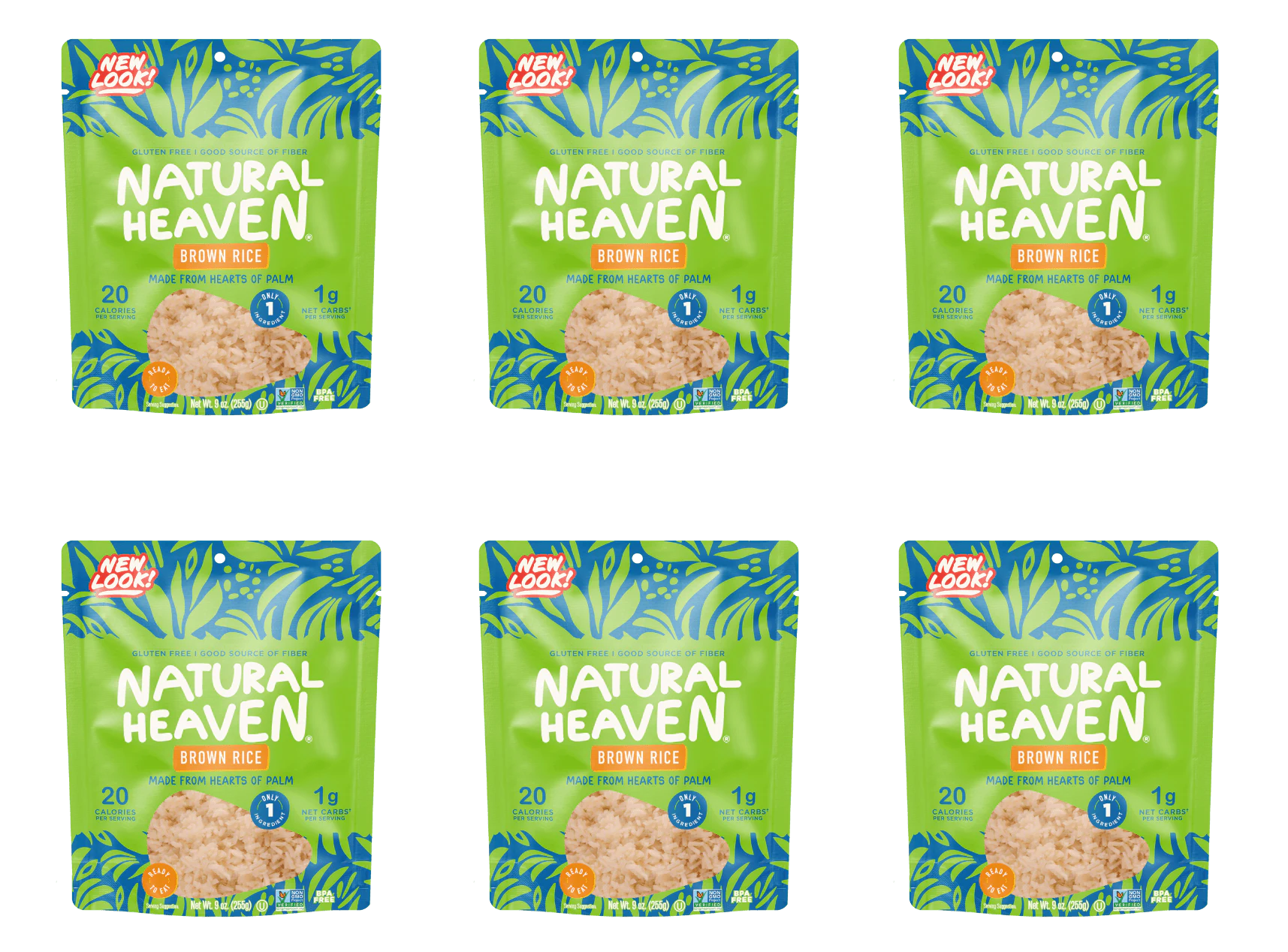 Six packages of Natural Heaven Brown Rice are displayed, each featuring a vibrant green design with tropical leaves, highlighting its gluten-free and low-calorie attributes.