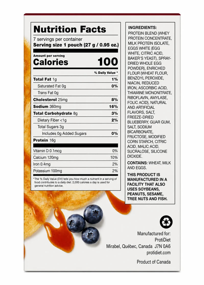 A nutrition facts label displays detailed information about a food product, including serving size, calories, and ingredients, with blueberries and syrup in the background.