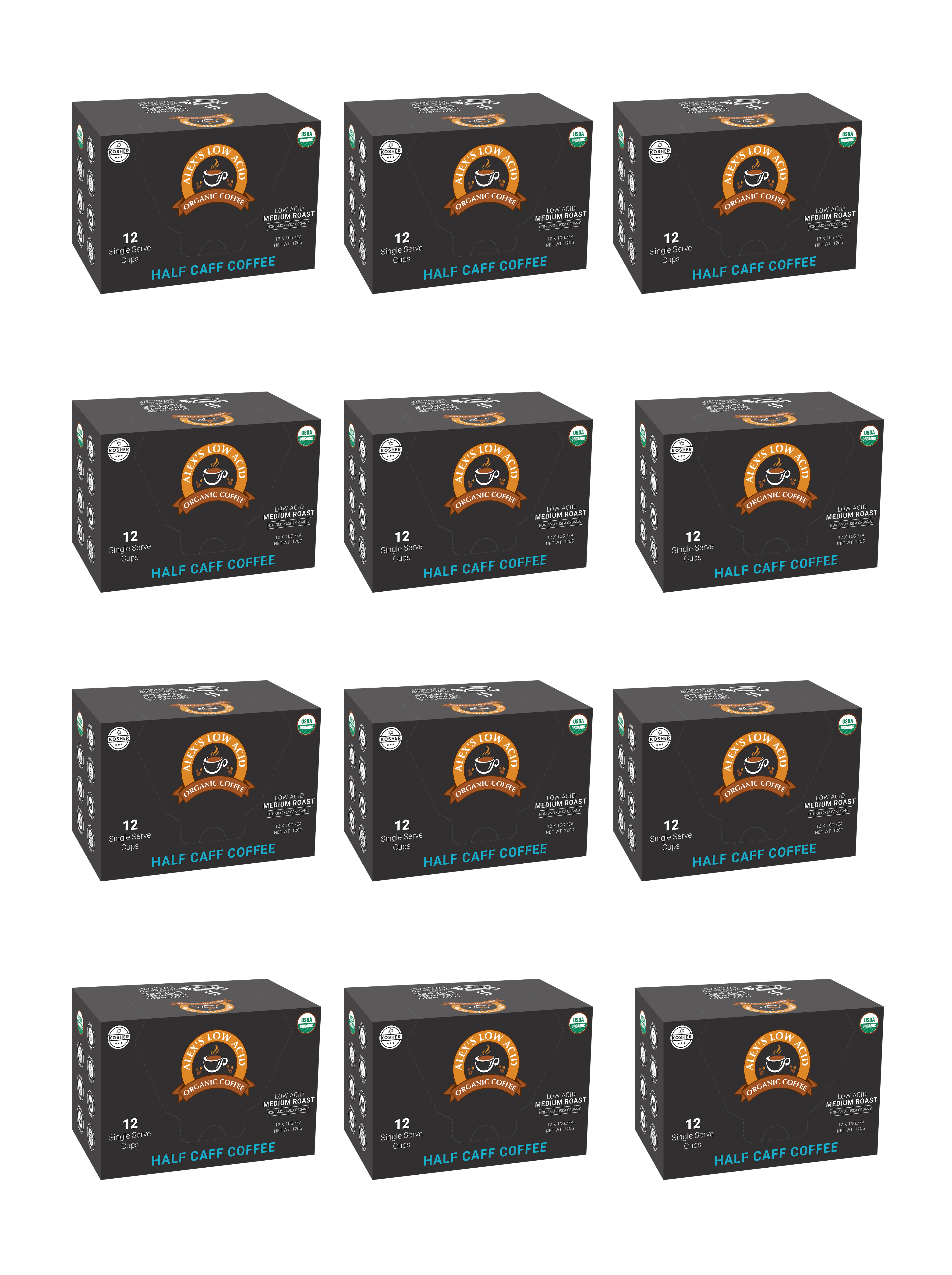 Twelve boxes of "Half Caff Coffee" are arranged in a grid, each box featuring a logo, product details, and a label indicating it contains 12 single-serve cups of medium roast coffee.