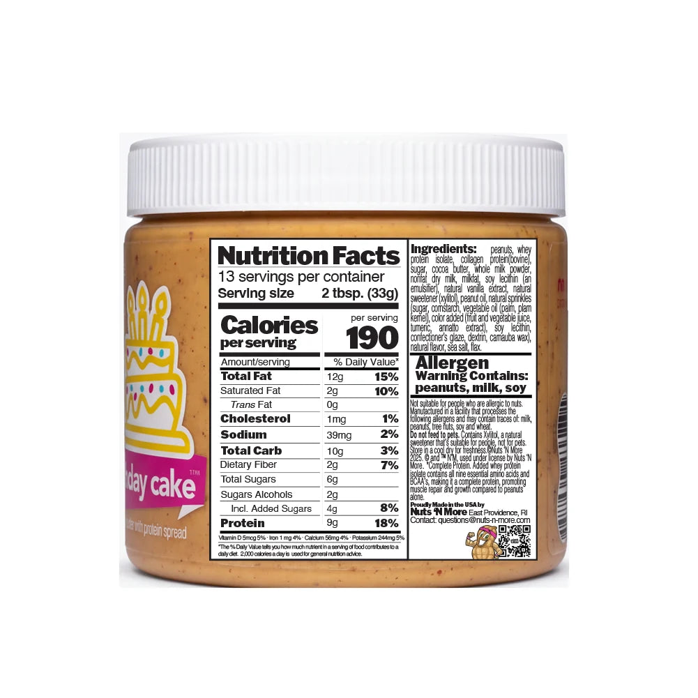 A jar of birthday cake protein spread displays nutritional facts, ingredients, and allergen warnings, with a colorful cake design on the label, indicating it contains peanuts and milk.