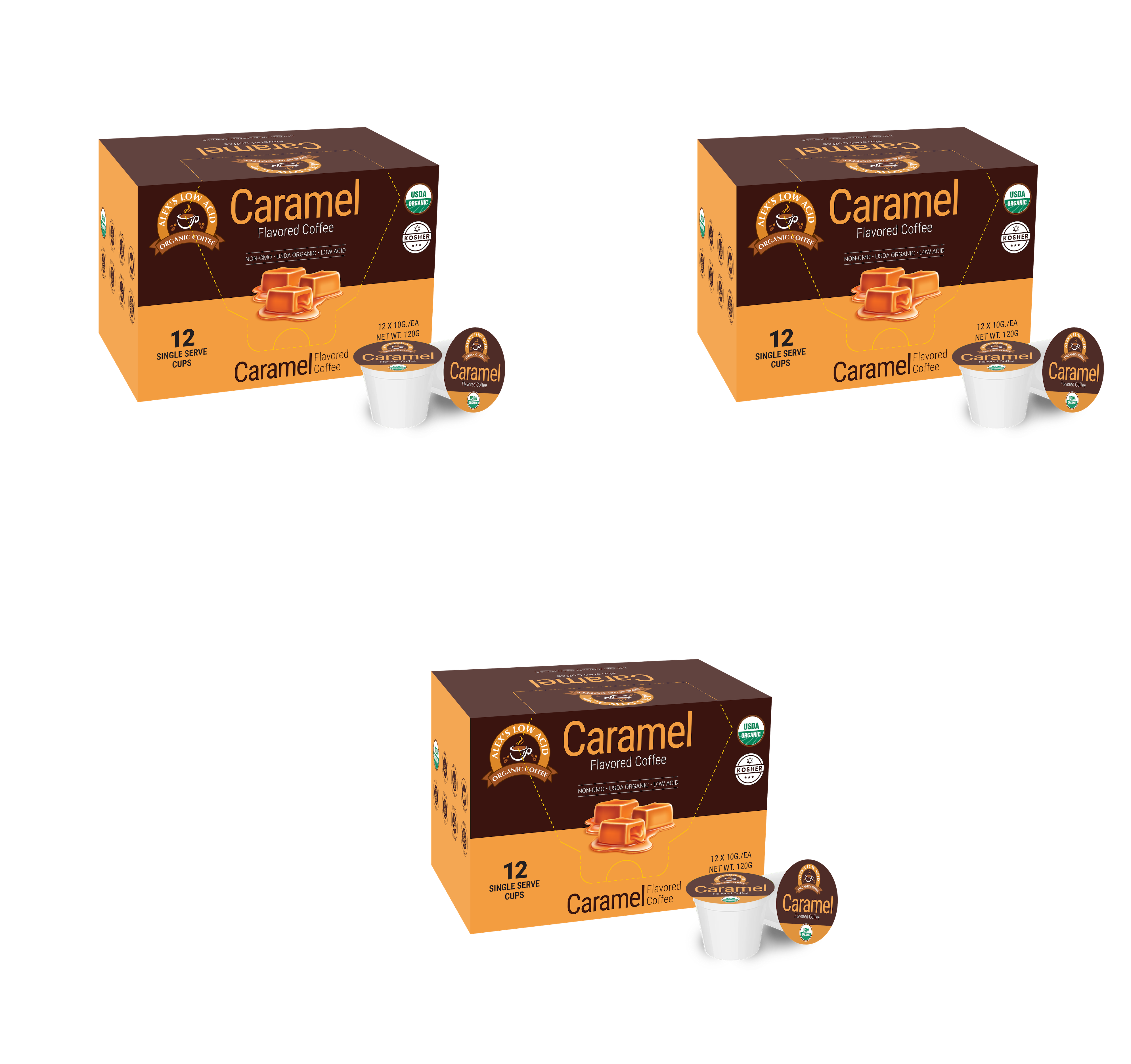 Three boxes of caramel-flavored coffee pods are displayed, each containing 12 single-serve cups, featuring a design with caramel images and clear labeling for easy identification.
