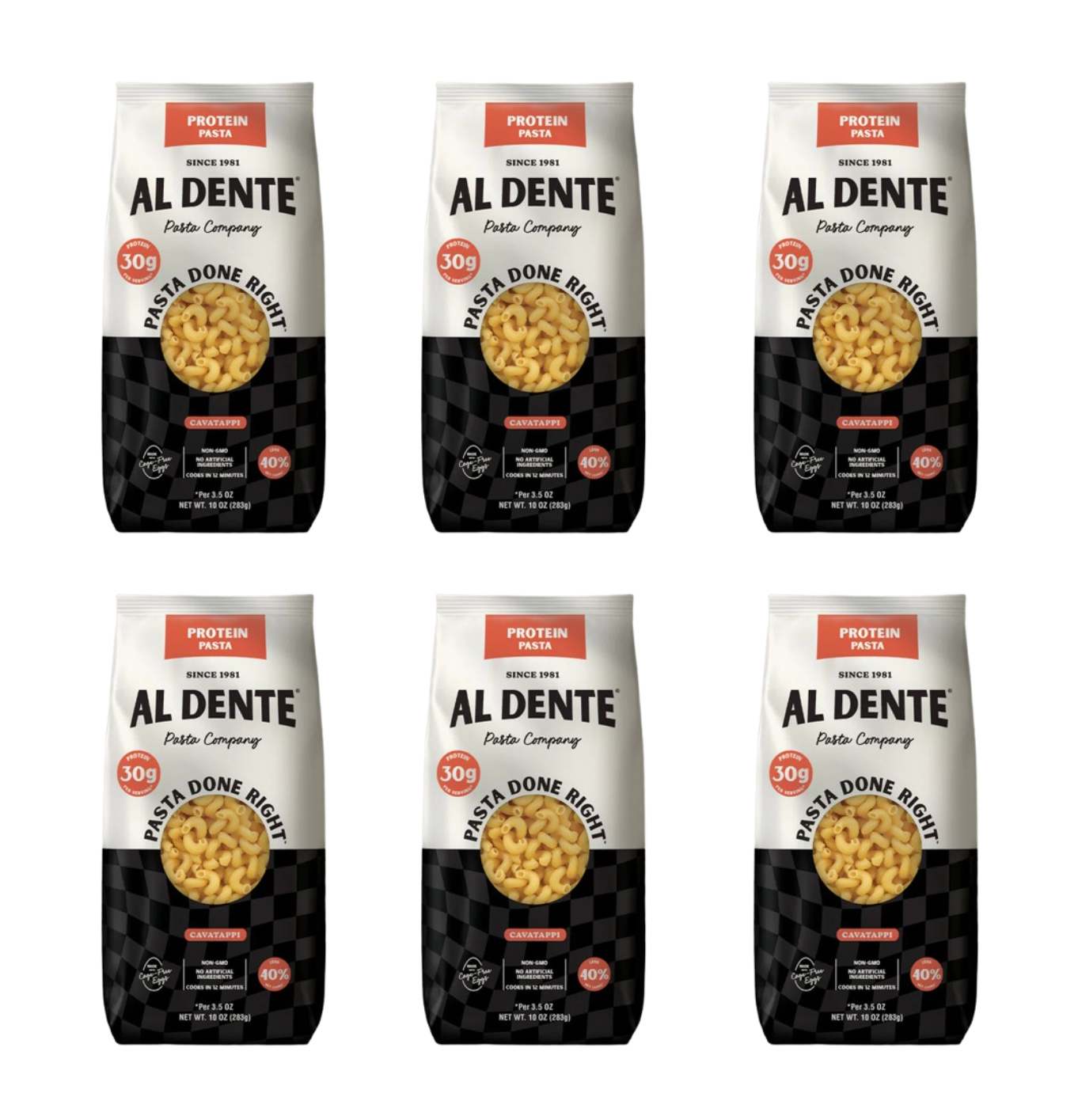 Six bags of Al Dente protein pasta are arranged in a grid, each featuring a black and white checkered design, highlighting the product name, "Pasta Done Right," and nutritional information.