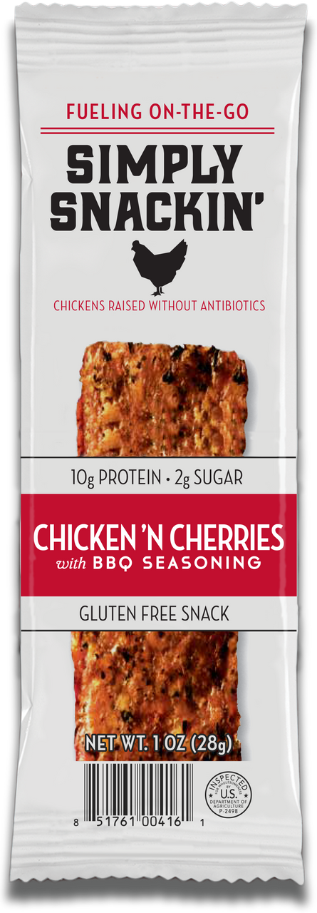 A snack package labeled "Simply Snackin' Chicken 'n Cherries with BBQ Seasoning," featuring a protein-rich, gluten-free snack made from antibiotic-free chicken, with a barcode at the bottom.