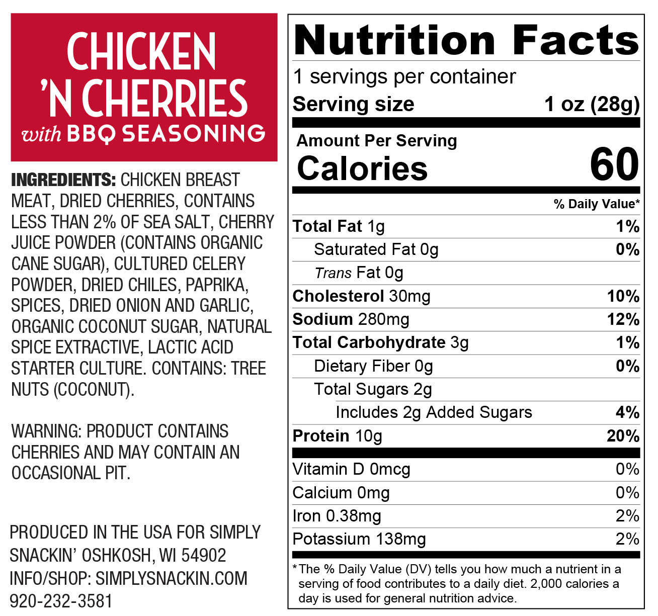 Nutrition facts label for "Chicken 'n Cherries with BBQ Seasoning," detailing ingredients, serving size, and nutritional information, including calories, fats, protein, and vitamins.