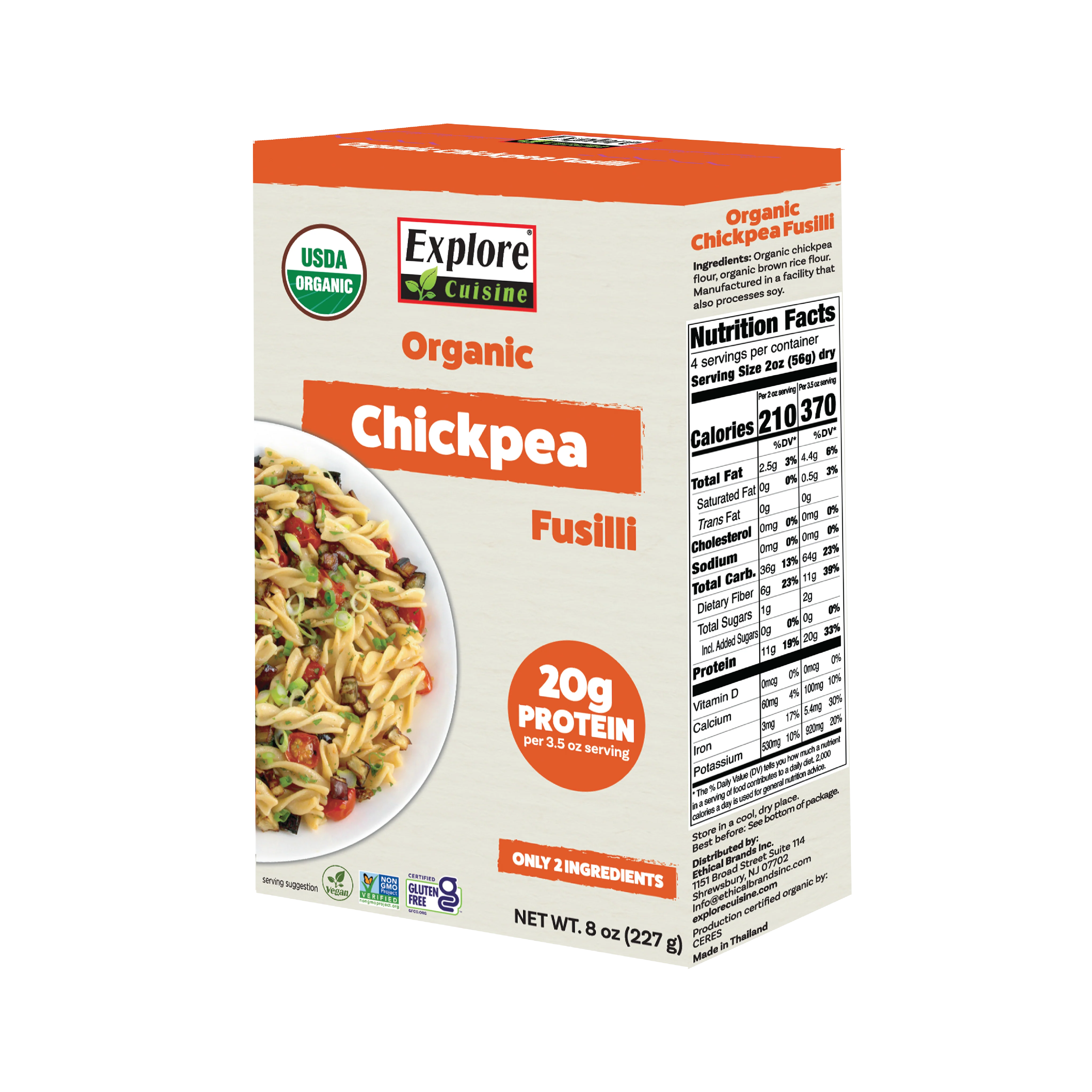 A box of Explore Cuisine Organic Chickpea Fusilli features a colorful image of cooked pasta with vegetables, highlighting its 20g protein per serving and USDA Organic certification.