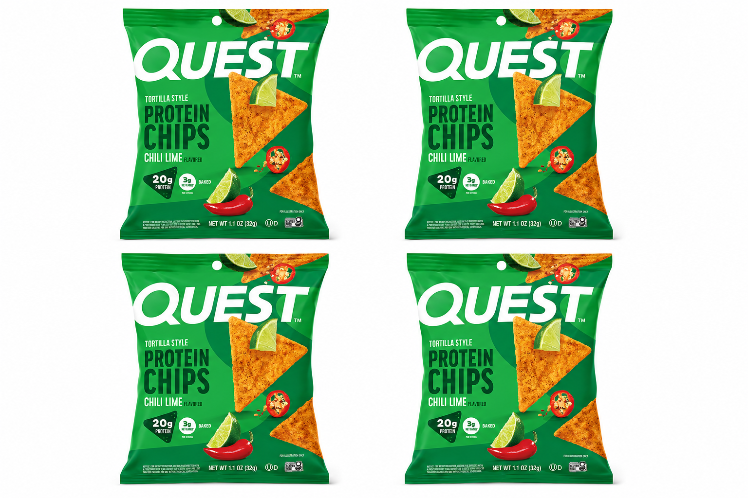 Four bags of Quest Tortilla Style Protein Chips in Chili Lime flavor are displayed, each featuring a bright green background, a triangular chip, lime wedges, and chili peppers, highlighting 20g of protein per serving.