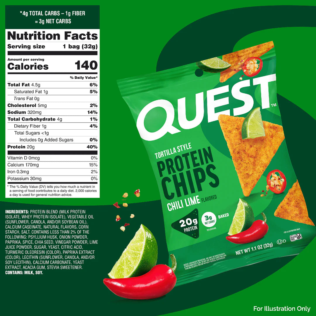 A green bag of Quest Tortilla Style Protein Chips in Chili Lime flavor displays two triangular chips, lime wedges, and a red chili pepper, with nutrition facts and ingredients listed alongside.