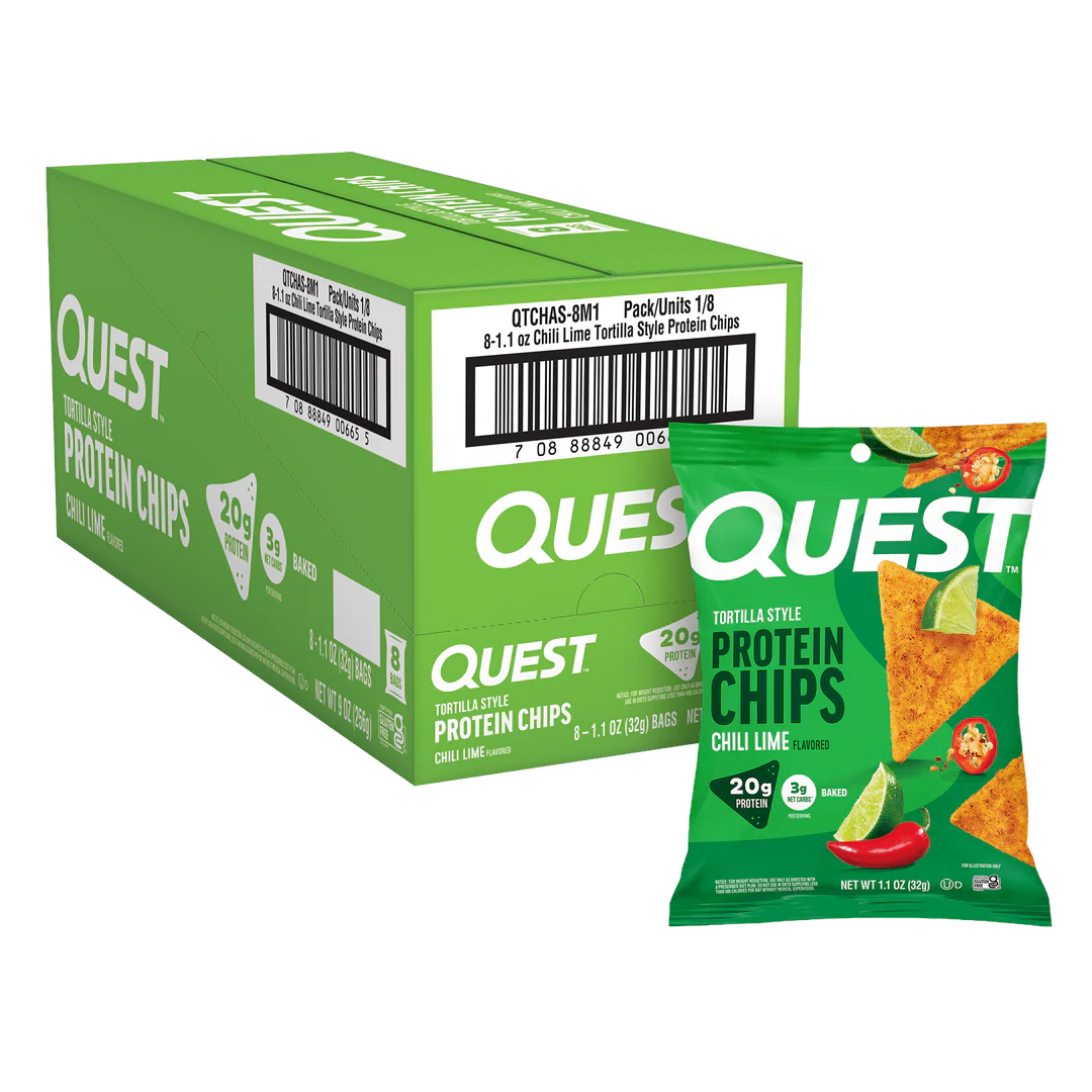 A green box of Quest Chili Lime Tortilla Style Protein Chips is displayed alongside a single bag, highlighting the product's protein content and baked nature.