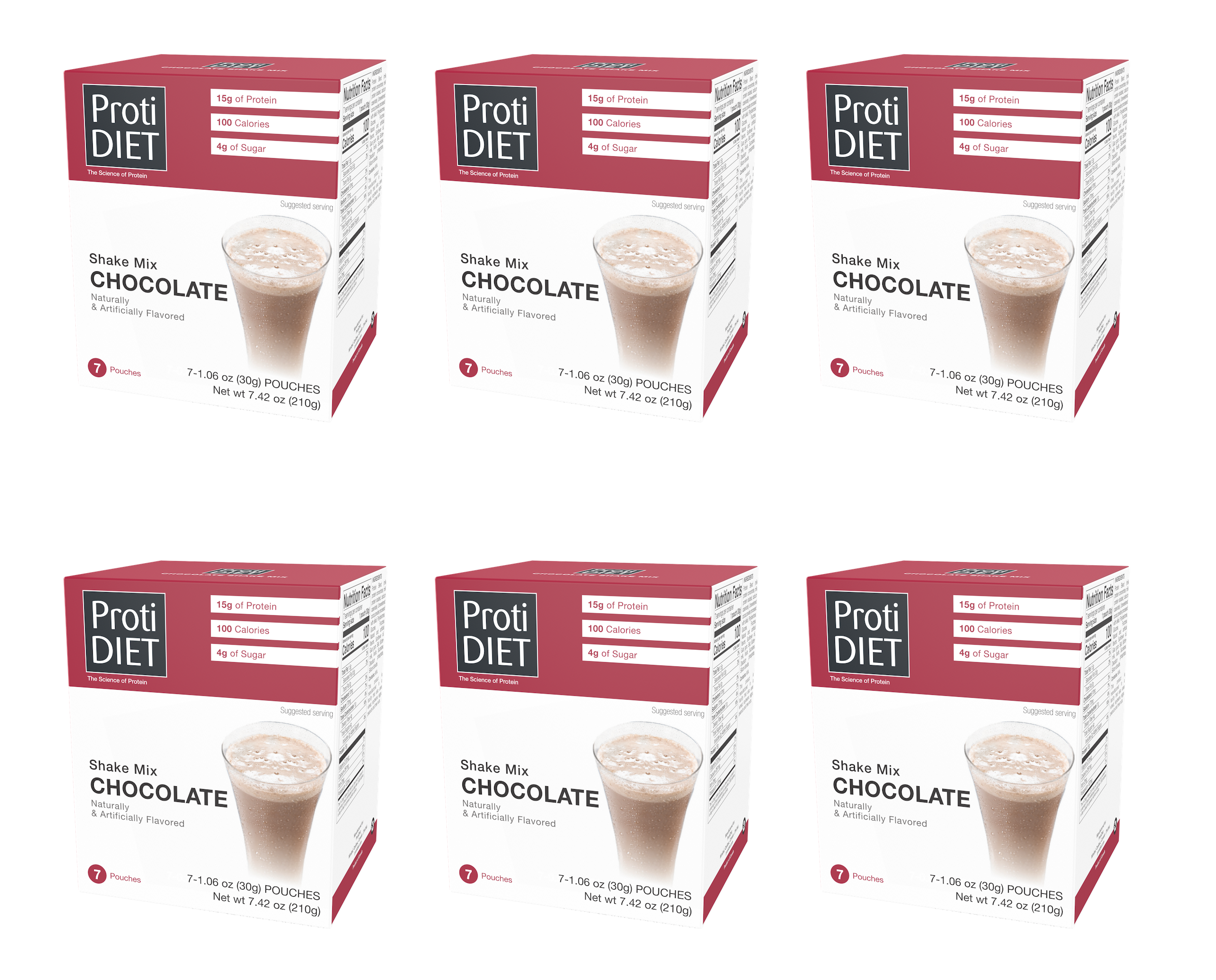Six boxes of Proti DIET Chocolate Shake Mix are arranged in two rows, each displaying a glass of chocolate shake, with details highlighting 15g of protein, 100 calories, and 4g of sugar per serving.