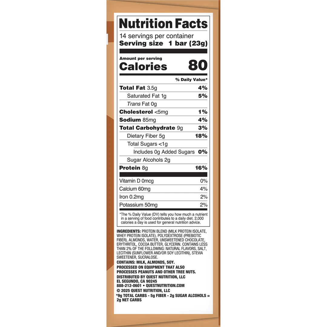 A nutrition facts label displays detailed information about a protein bar, including serving size, calories, and nutrient content, along with ingredients and allergen warnings.