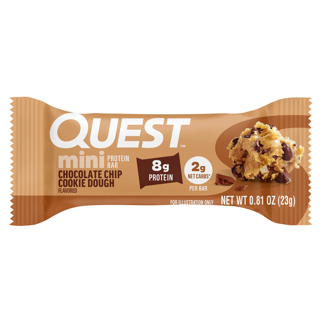 A chocolate chip cookie dough flavored protein bar wrapper features the brand name "Quest," highlighting 8 grams of protein and 2 grams of net carbs per 0.81-ounce bar, with a cookie dough image.