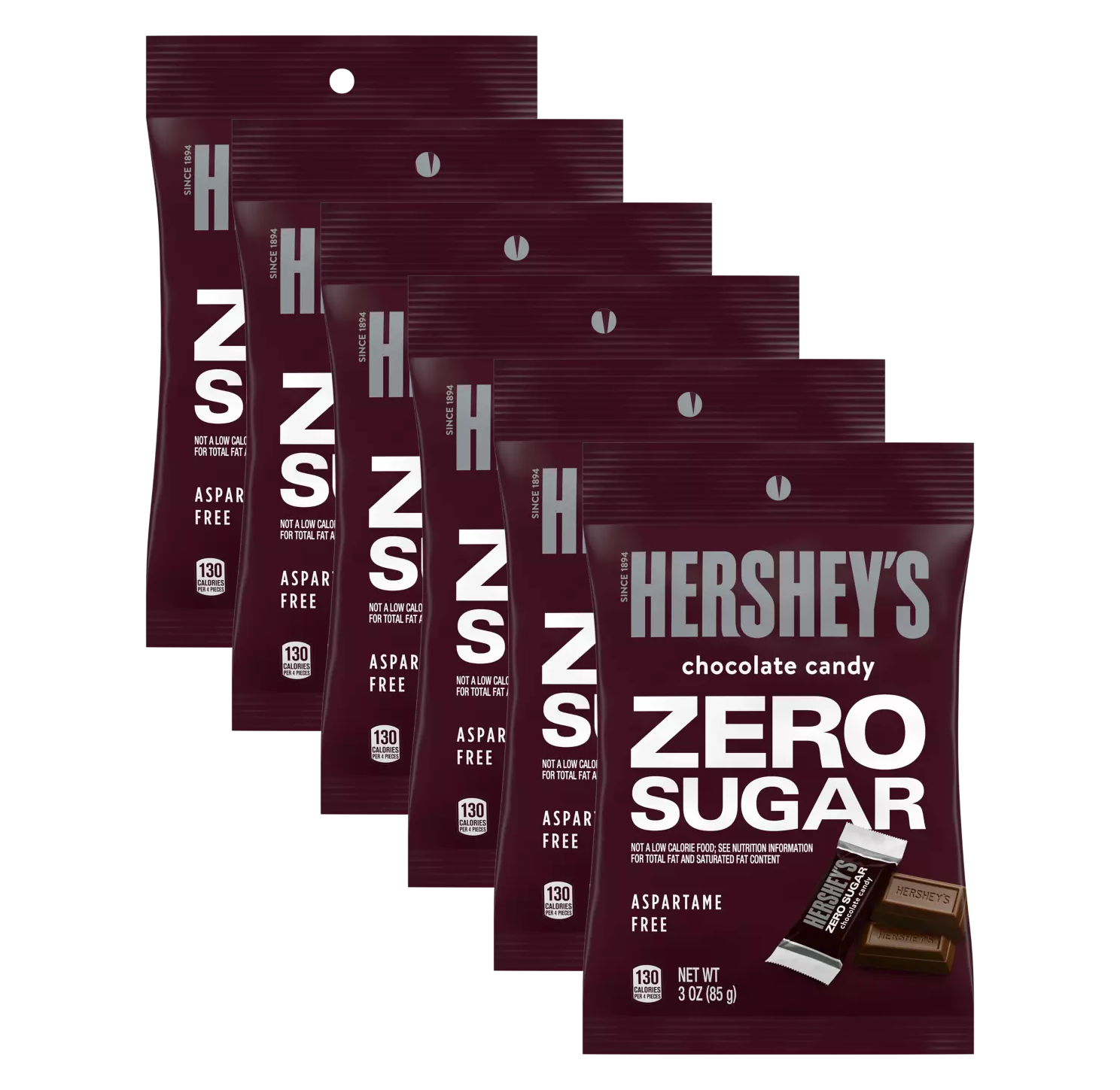 Six bags of Hershey's Zero Sugar chocolate candy are displayed, each labeled with nutritional information, emphasizing that they are aspartame-free and contain 130 calories per serving.