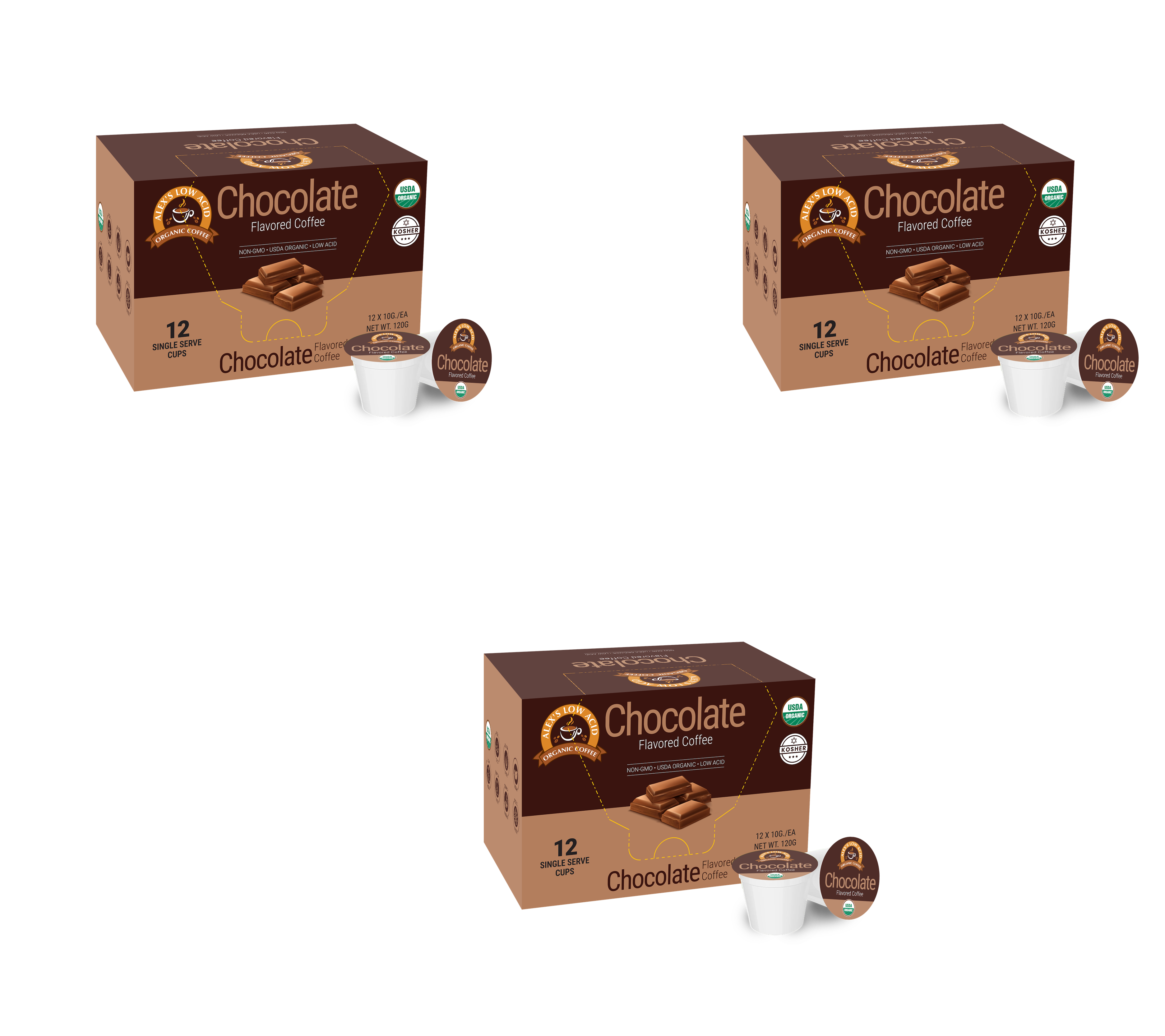 Three boxes of chocolate-flavored coffee pods are displayed, each containing 12 single-serve cups, featuring a brown design with chocolate imagery and branding.