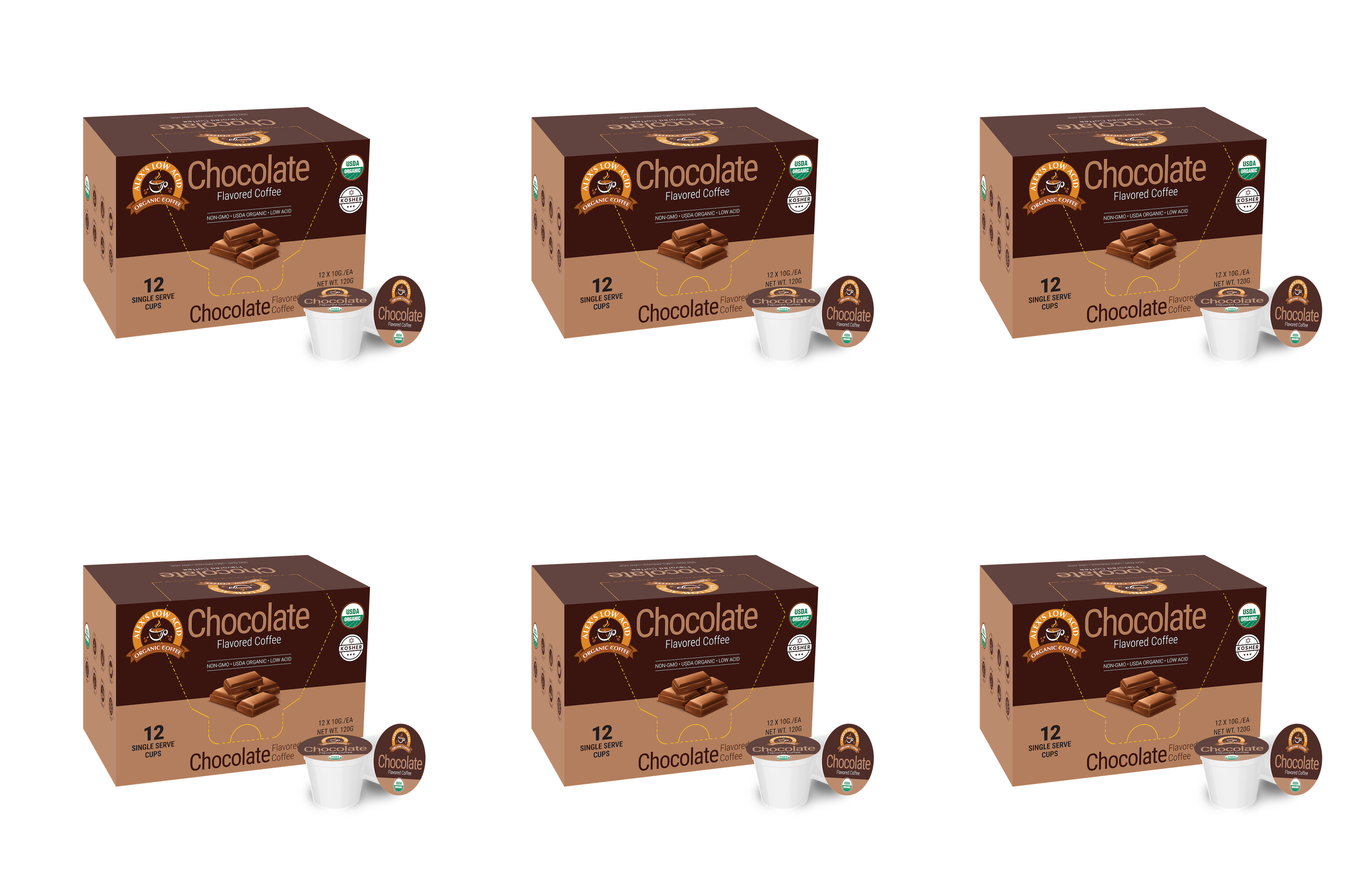 Six boxes of chocolate-flavored coffee pods are arranged in a grid, each box containing 12 single-serve cups, featuring a brown color scheme and images of chocolate on the packaging.