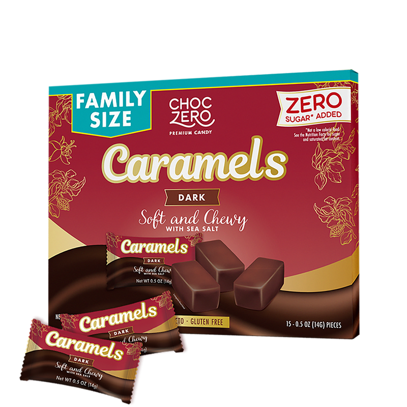 A family-sized box of ChocZero dark caramels, labeled as "soft and chewy with sea salt," features three individually wrapped caramels in front of the box, emphasizing zero sugar added and gluten-free.