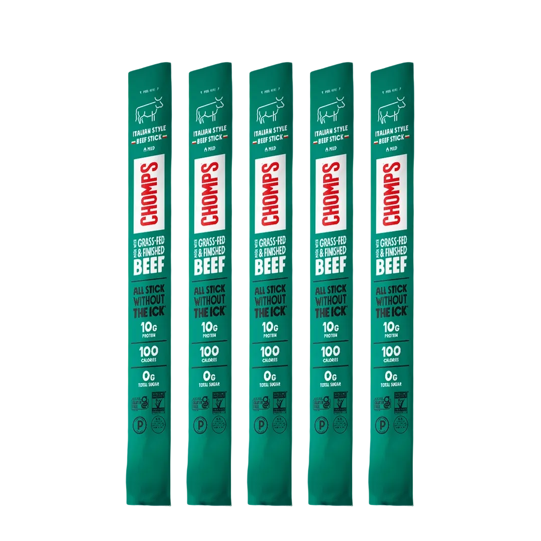 Five individually packaged beef sticks from Chomps, labeled as Italian style, showcasing nutritional information including 10g of protein and 100 calories per stick.
