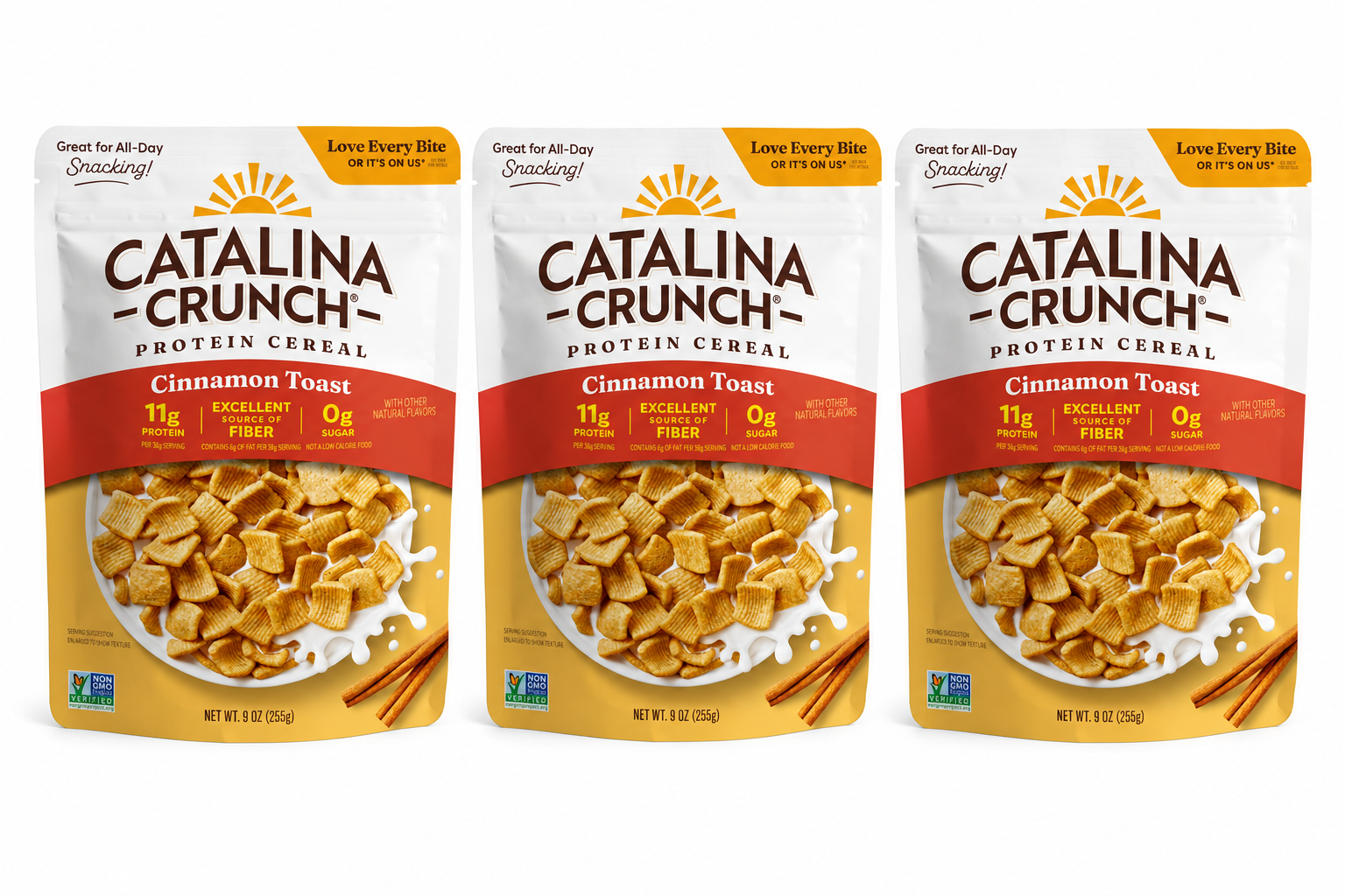 Three bags of Catalina Crunch Cinnamon Toast protein cereal are displayed, each highlighting 11g of protein, 0g sugar, and featuring a bowl of cereal with milk and cinnamon sticks.