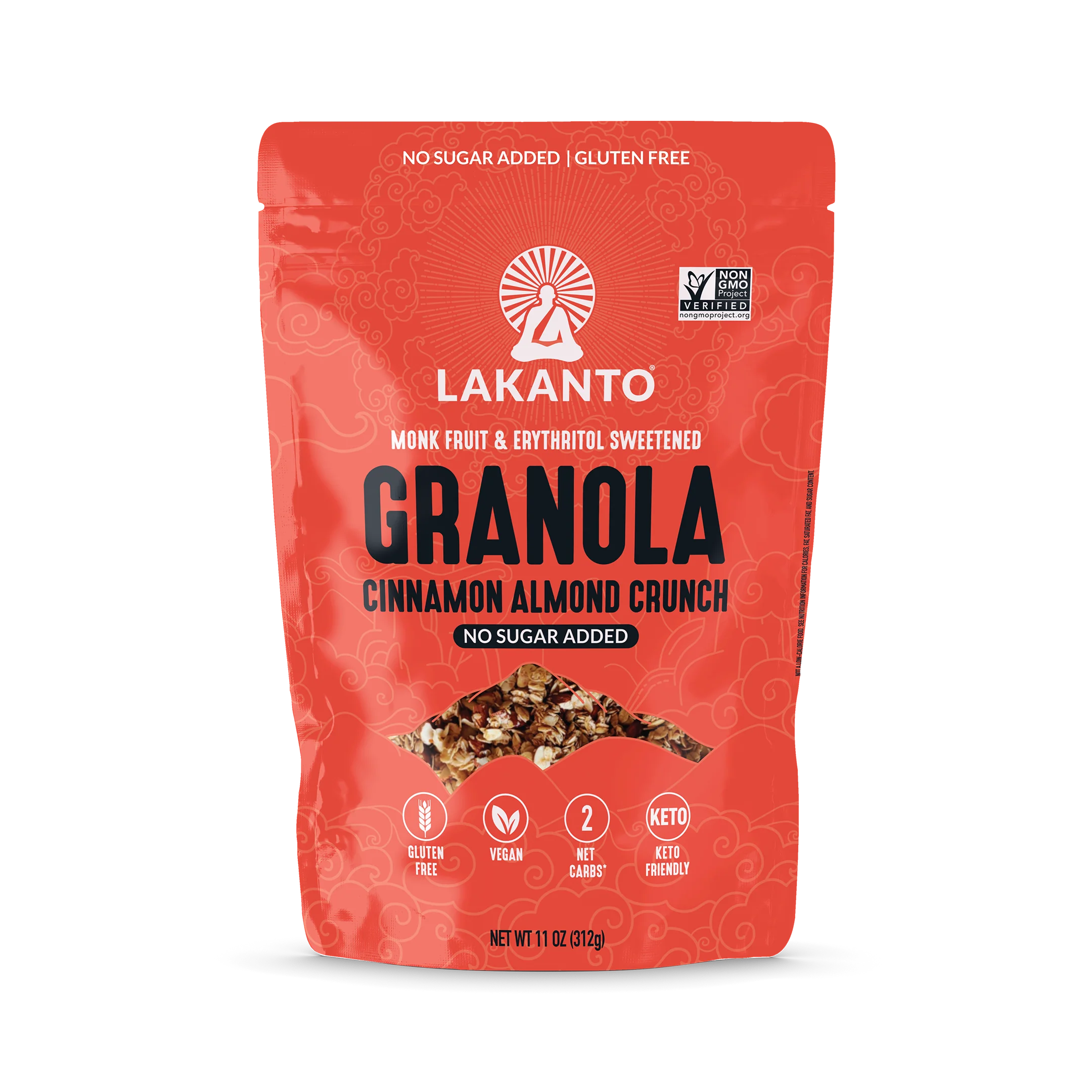 A red packaging of Lakanto granola labeled "Cinnamon Almond Crunch," highlighting features like "no sugar added," "gluten free," and "vegan," with a decorative design and nutritional information visible.
