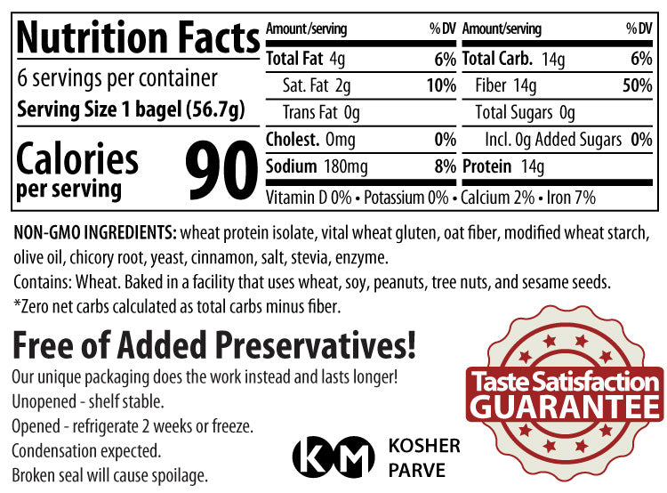 Nutrition facts label for a bagel, detailing serving size, calories, and ingredients, with a note about non-GMO status and a guarantee of taste satisfaction.