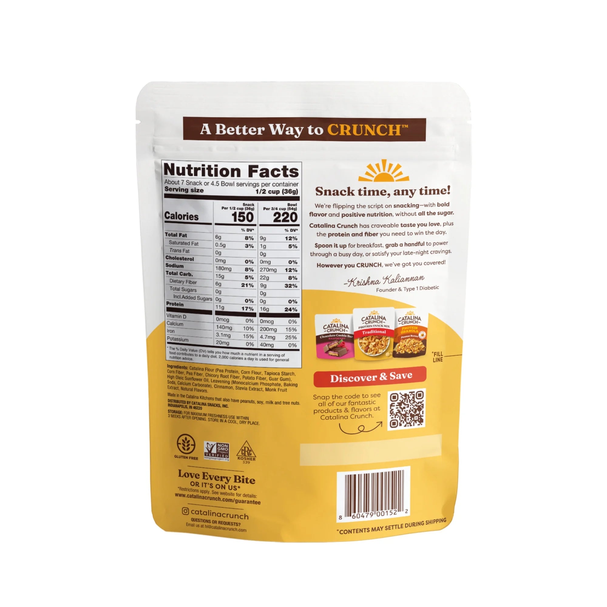 A nutrition facts label on a yellow bag of Catalina Crunch cereal, highlighting its low sugar content, serving size, and promotional text encouraging healthy snacking options.