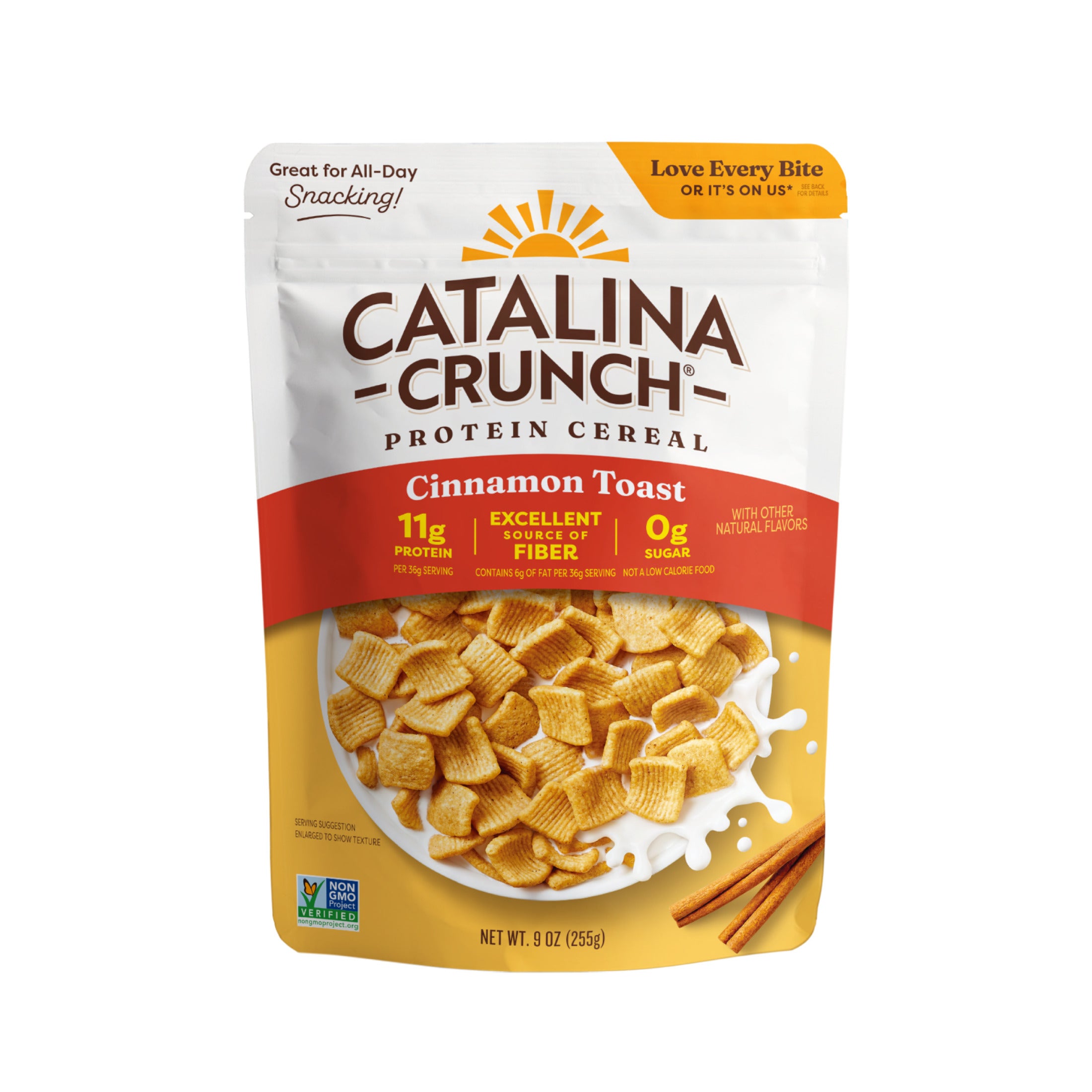 A bag of Catalina Crunch Cinnamon Toast protein cereal displays a bowl of cereal with milk, highlighting 11g of protein, excellent fiber source, and 0g sugar, with a cinnamon stick on the side.
