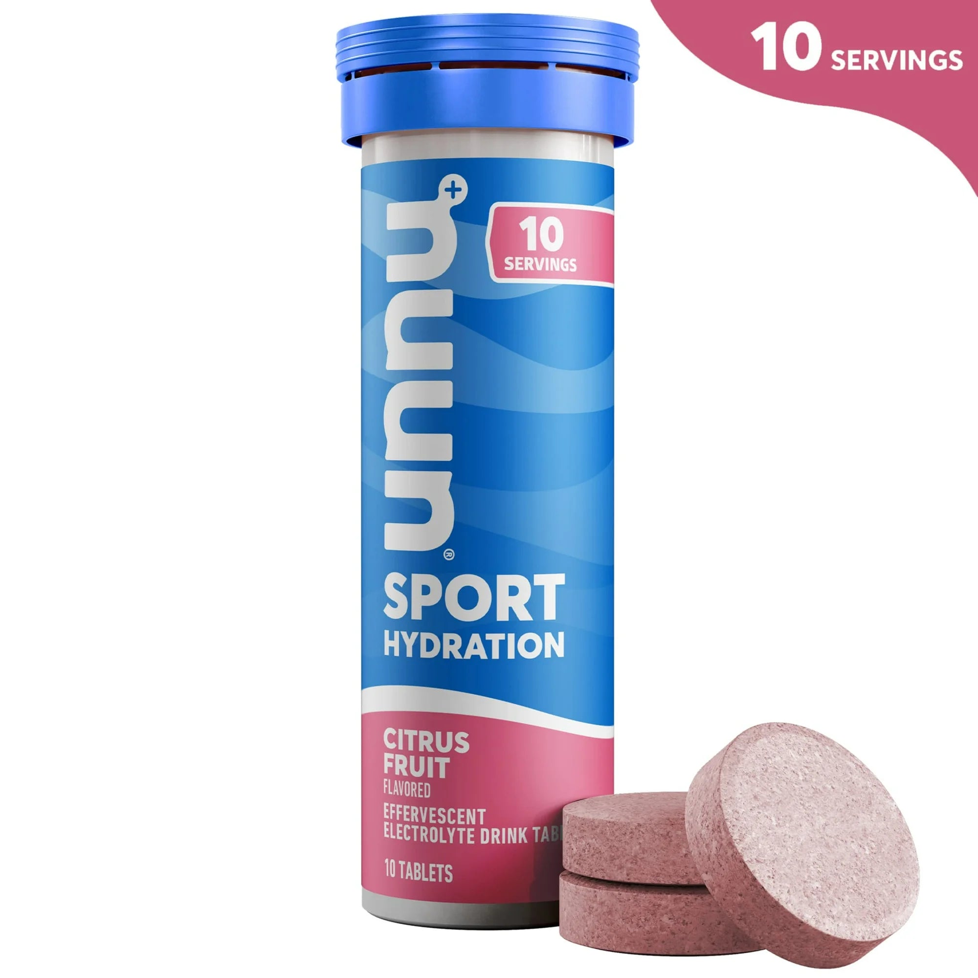 A blue and white tube labeled "unnu Sport Hydration" contains citrus-flavored effervescent electrolyte drink tablets, with three pink tablets displayed in front, indicating 10 servings.