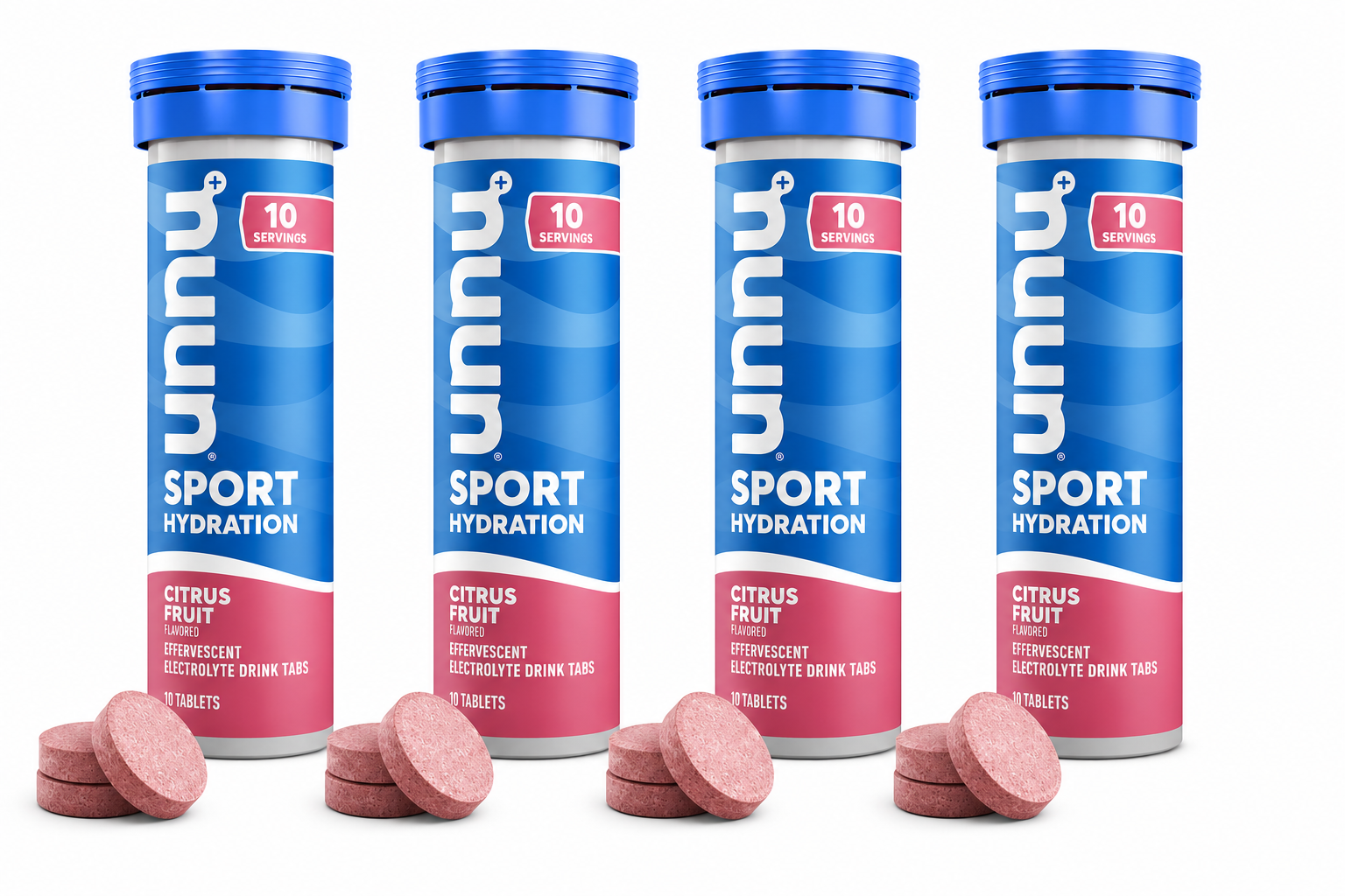 Four cylindrical containers of "nuun Sport Hydration" in blue and pink, labeled as citrus fruit flavored, with ten effervescent electrolyte drink tablets stacked beside them.